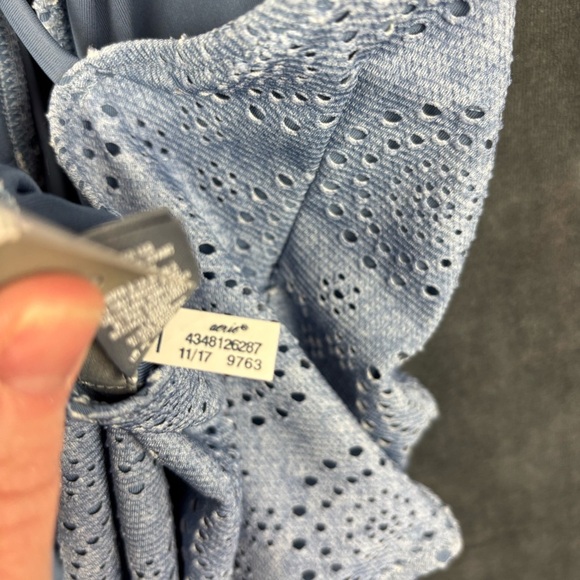 NWT Aerie Lt. Blue Sz M Eyelet 1-Piece Halter Swimsuit with crochet ball detail - Picture 7 of 10